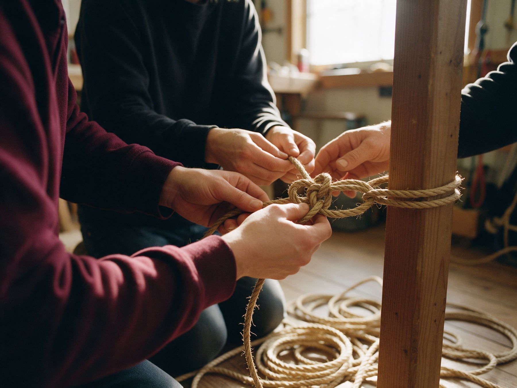 Atelier de cordes : des mains apprennent à nouer une corde de jute autour d’un poteau en bois